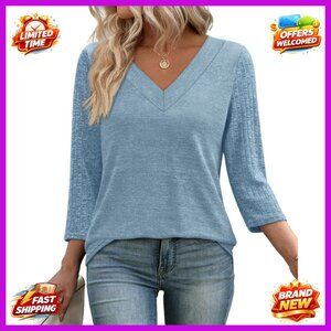 Plus Size 3/4 Sleeve V-Neck Tunic Top Lightweight Casual Summer T-Shirt